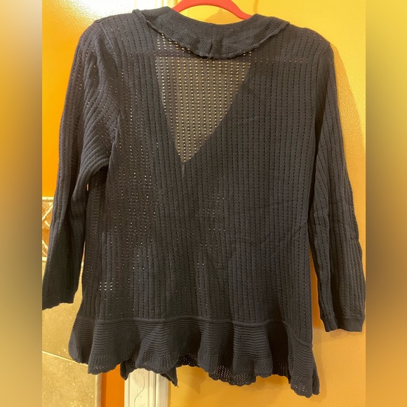 Chaps Navy Cardigan with ruffle detail and hook & eye clasps. - Picture 3 of 5